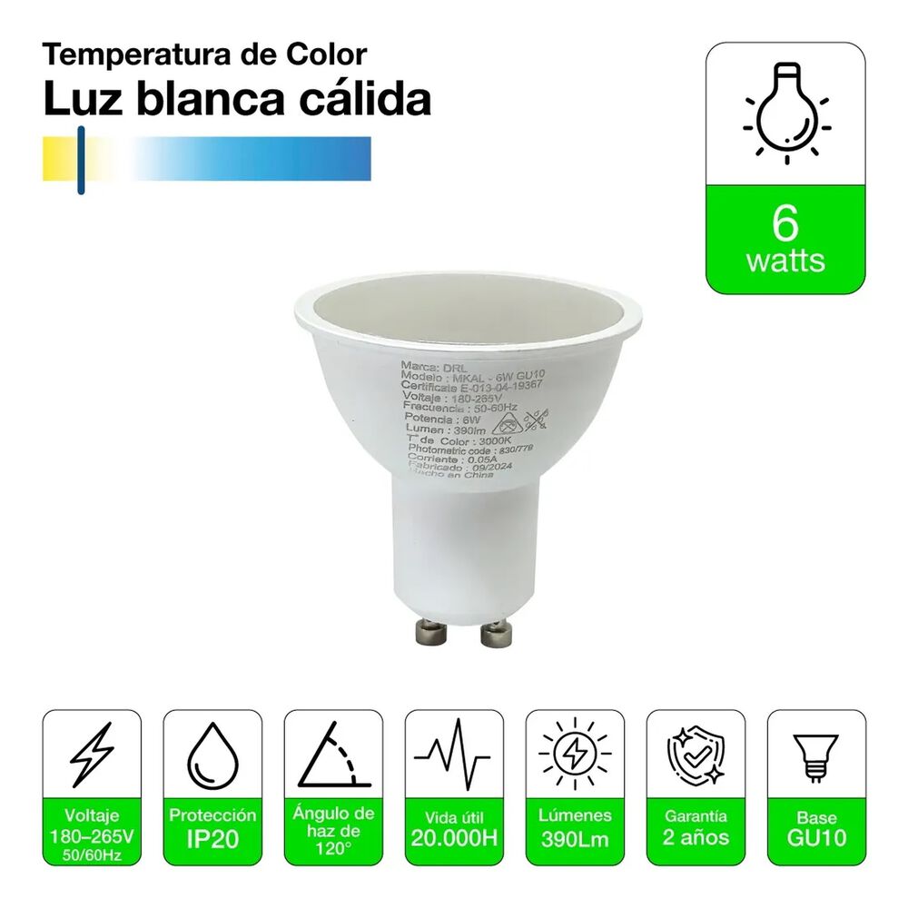 Pack 10 Ampolleta Led Gu10 Drl 6w 390lm C&aacute;lida/blanca Sec image number 8.0